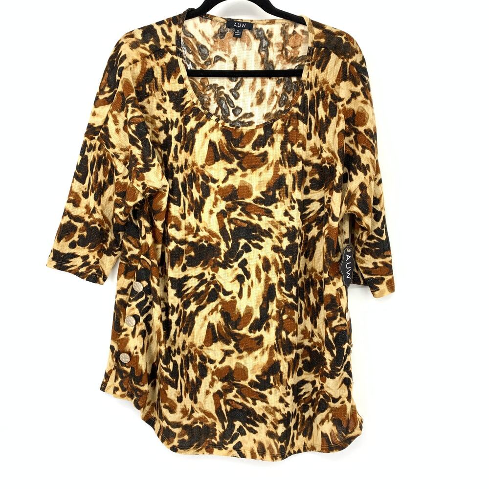A.U.W Women's Ribbed Shimmer Knit Top XL Brown Tan Leopard Print NEW